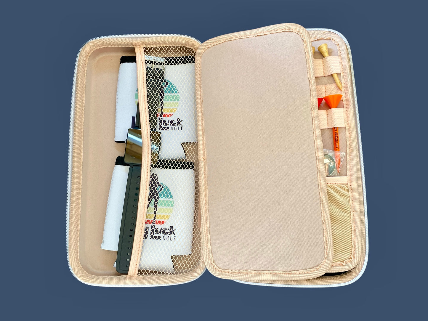 Beige travel golf case with products