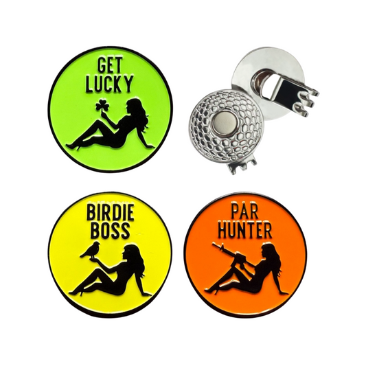Three 1" golf ball markers with fun designs including a hat clip. Dirty Birdie set by Lady Luck Golf. Birdie Boss, Par Hunter and Get Lucky.