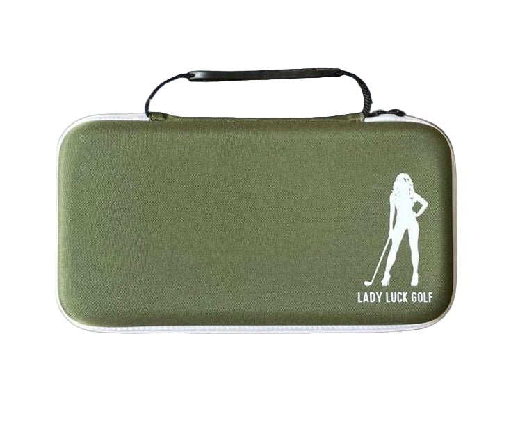 Green golf accessories case with 'Lady Luck Golf' logo 
