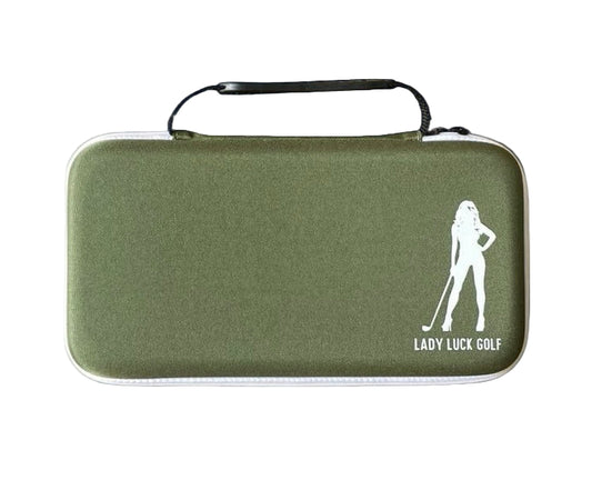 Green golf accessories case with 'Lady Luck Golf' logo 