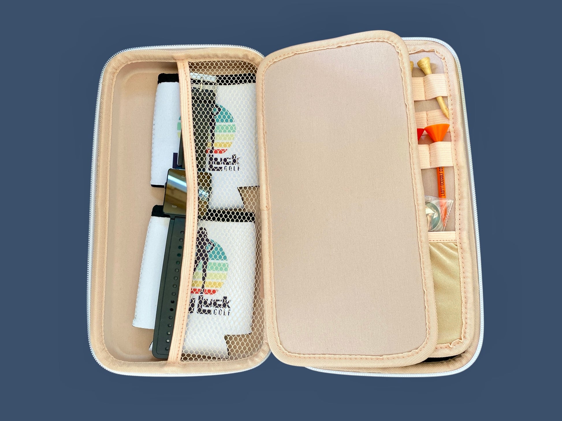 Beige travel golf case with products 
