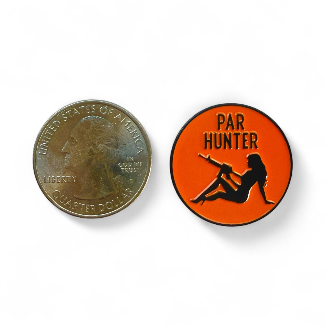 Quarter dollar coin next to a 'Par Hunter' badge on a white background